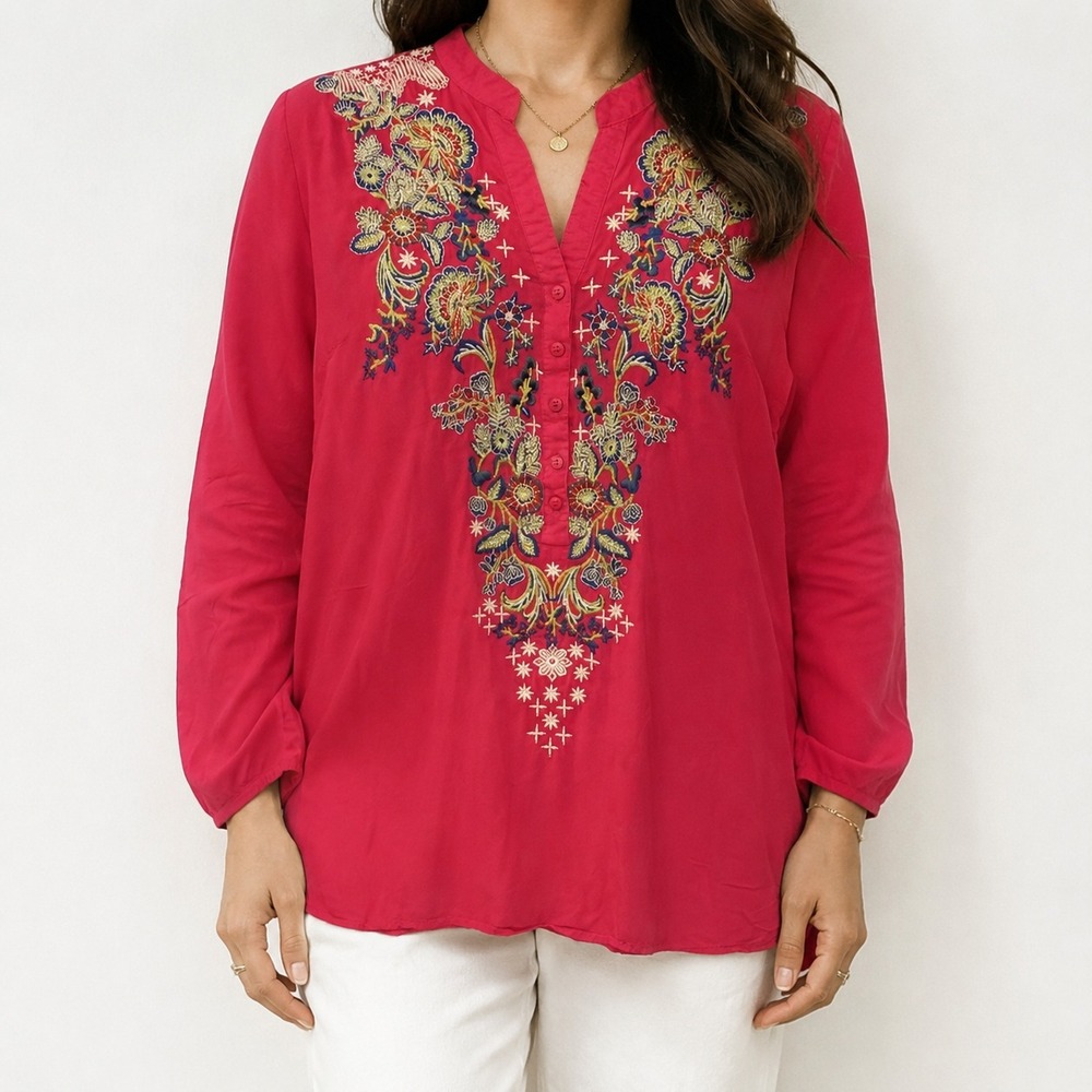 Anthropologie Luna Moon Tunic Top‎ Womens Medium Pink Embroidered Boho Blouse